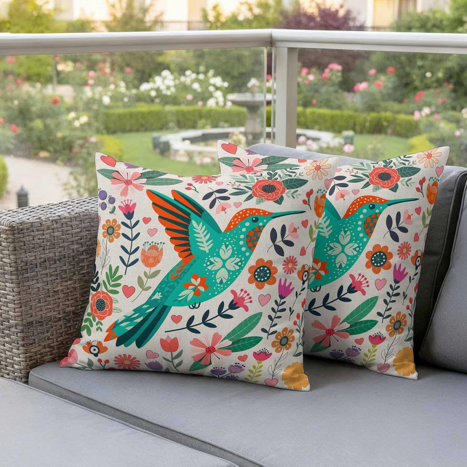 Turquoise Birds Outdoor Waterproof Pillow Covers, Country Cartoon Colorful Flowers Herbs Decorative Square Throw Pillowcase Sofa Cushion Sham for Patio/Couch/Chair, 24"x24" 2 Pack