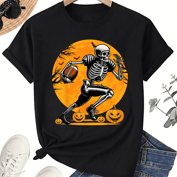 KeHetSoft Unisex Halloween Retro Football Skeleton Cotton Graphic T-Shirt