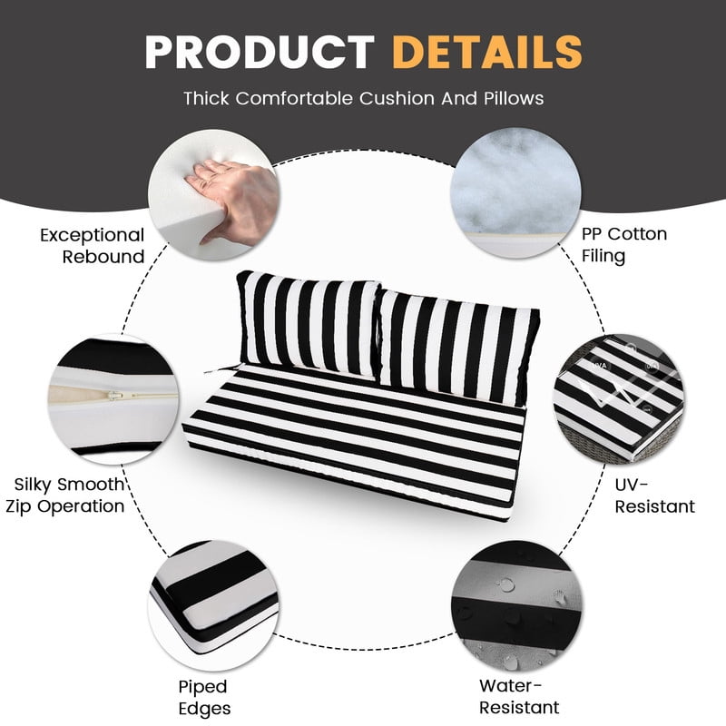 Outdoor Loveseat Cushions Set 48" x 24" Water Repellent & Fadeness Patio Furniture Cushions with Removable Cover and Ties, Patio Love Seat Sofa Cushions for Porch Garden Chair （Black white stripes）
