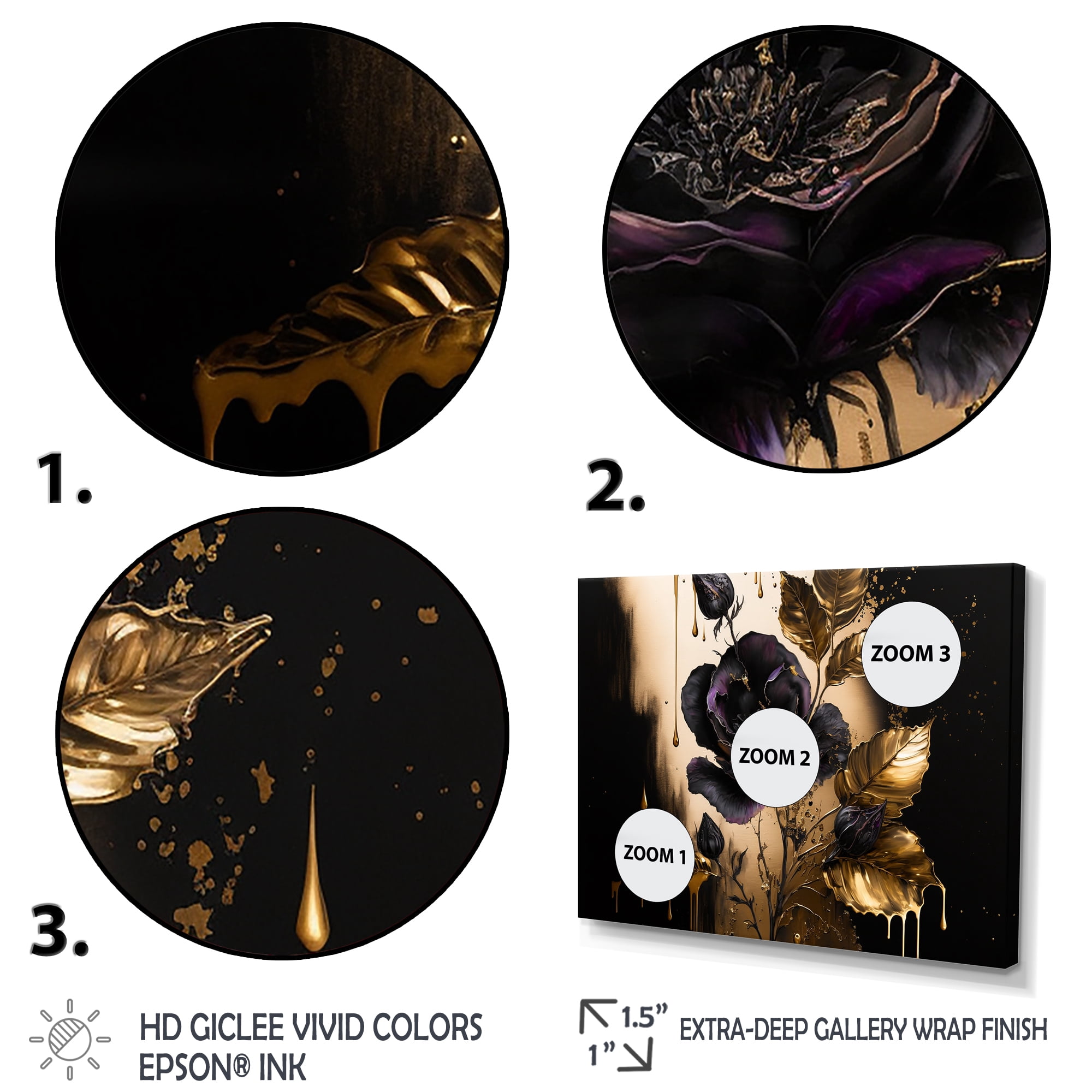 Designart Black And Gold Violets I Canvas Wall Art