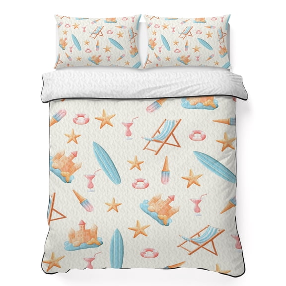 Quilts Twin XL Size Bedding Set, Beige Coastal Beach Lightweight Quilted Comforter, Ocean Seaside Surfboards Starfish Soft Reversible Bedspread Coverlet with Pillow Covers for All Season, 68" x 98"