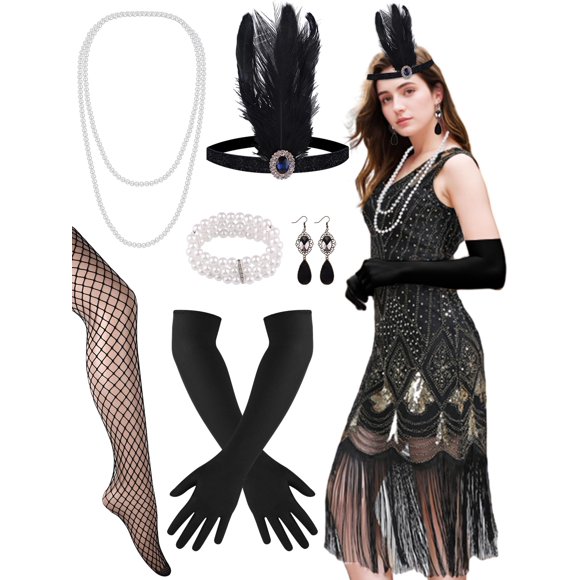 PLULON 1920s Dresses for Women, Sequin Fringed Gatsby Flapper Cocktail Dresses with 20s Accessories Set, Roaring 20s Costumes