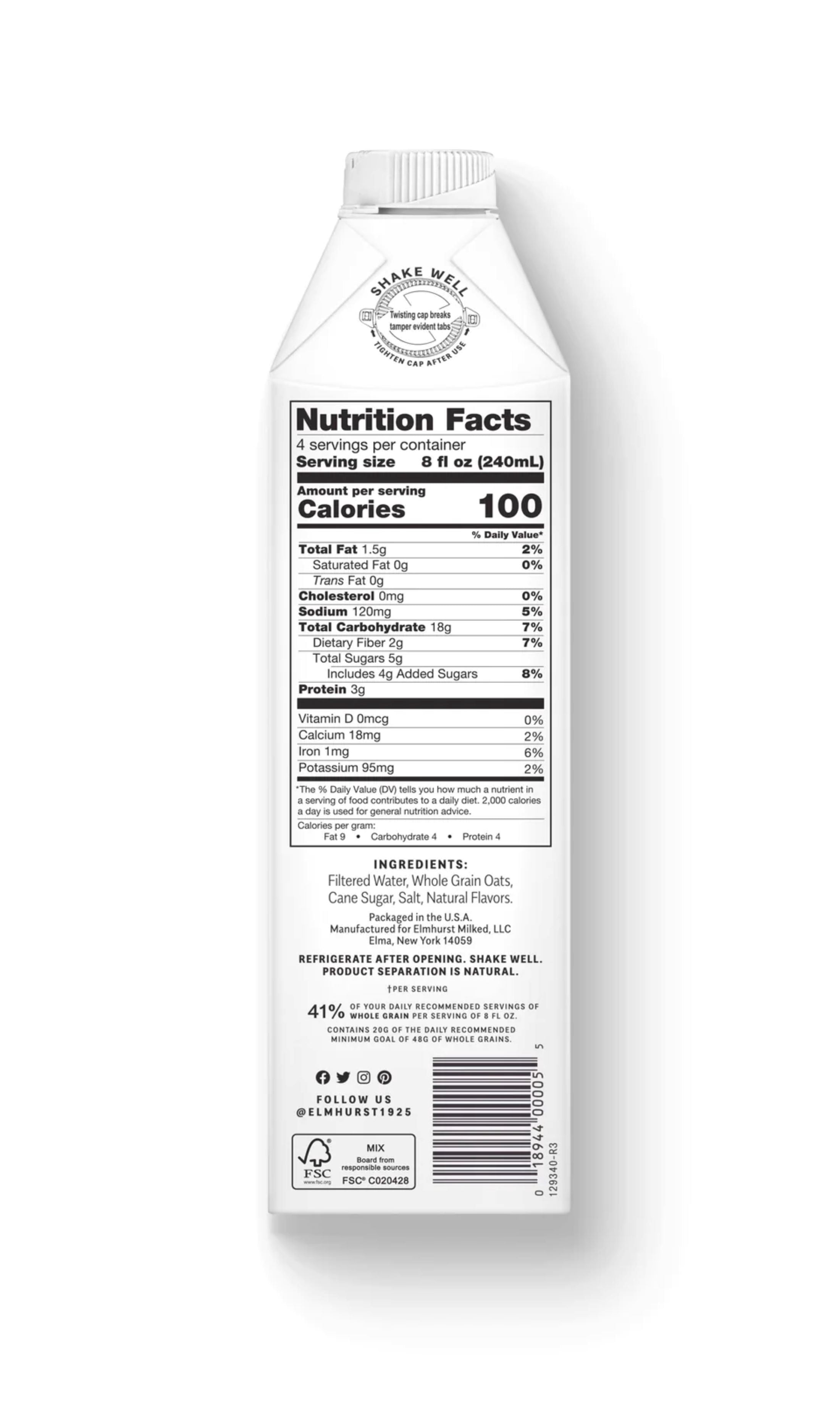 Elmhurst, Plant - Based, Milked Oats, 32 fl oz Bottle