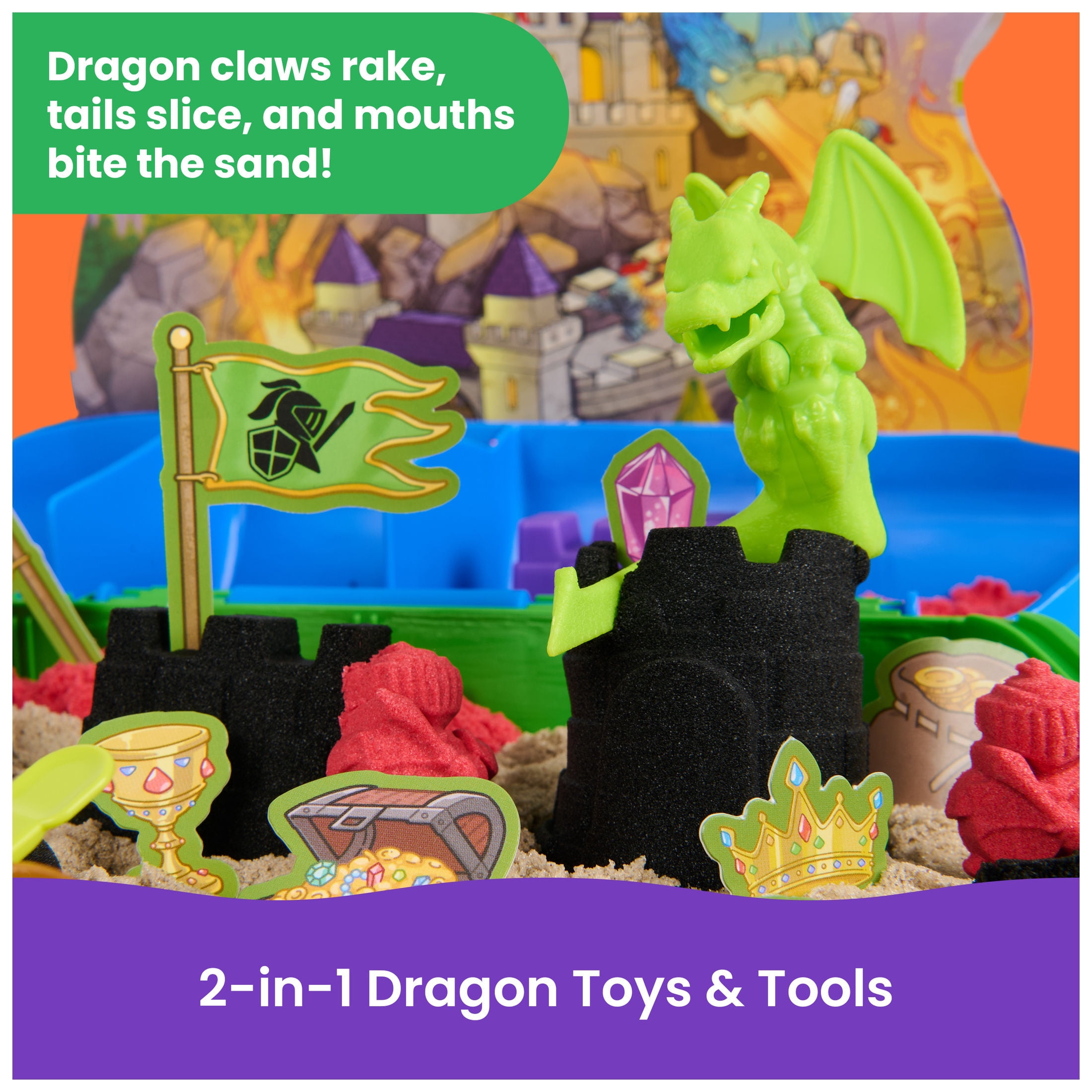 Kinetic Sand, Dragon Attack with 2 Dragons, Catapult & Molds for Kids Ages 3 and up