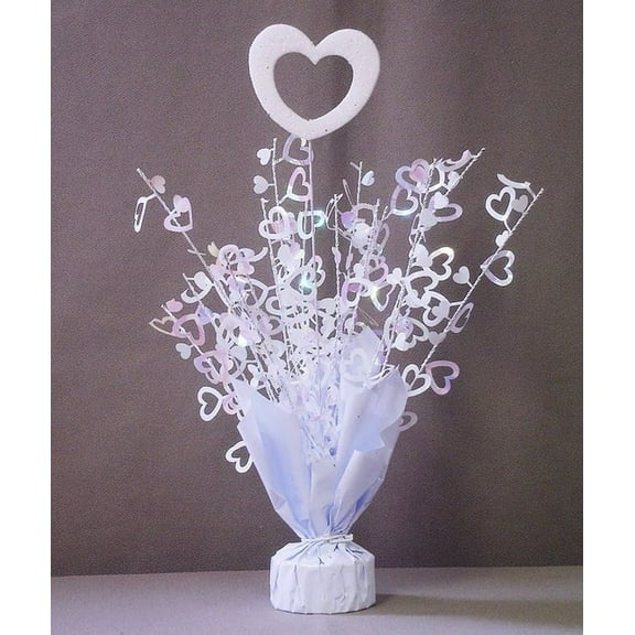 2 BALLOON WEIGHTS - 14" WHITE HEART w/IRIDESCENT WHITE SPRAY