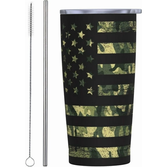 Camo Flag 20oz Tumbler with Lid and Straw for Men Women, Camouflage Flag Insulated Mug American Woodland Flags Stainless Steel Tumbler Double Wall Vacuum Travel Mug Coffee Cup