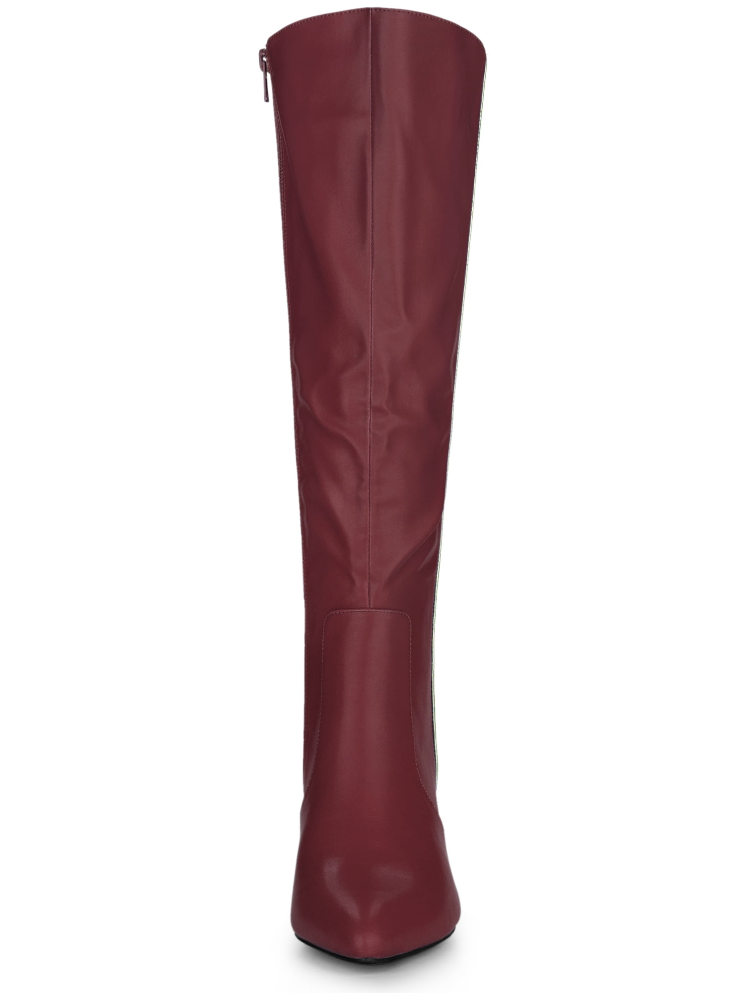 DARING DIVA Women's Pointy Toe Buckle Stiletto Heel Black Knee High Boots Burgundy 10