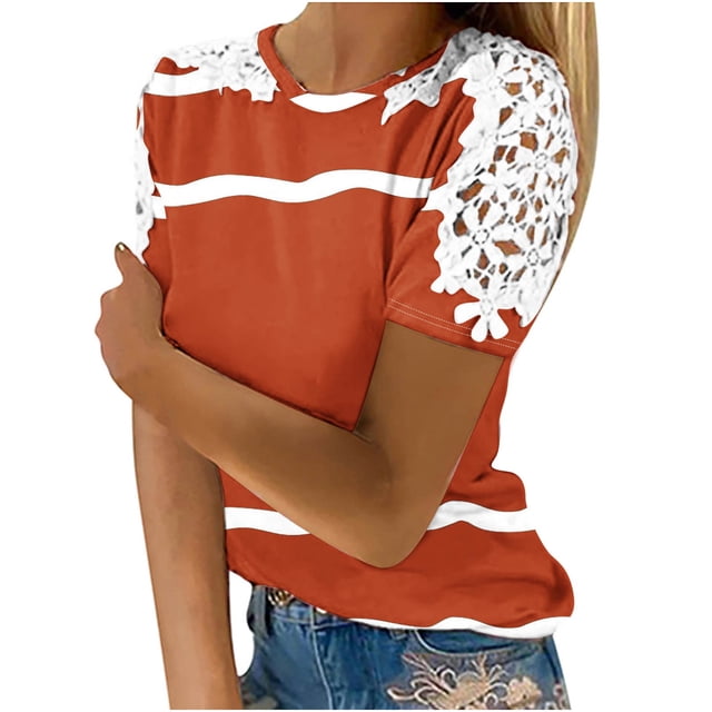 Camisas de Manga Corta para las Mujeres Impresión Cuello Redondo Suéter Encaje Camisa, Blusa de Verano Casual para las Mujeres