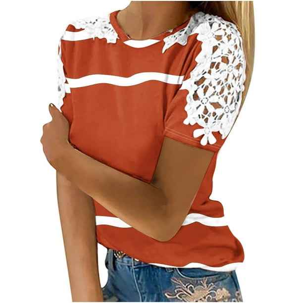 Camisas de Manga Corta para las Mujeres Impresión Cuello Redondo Suéter Encaje Camisa, Blusa de Verano Casual para las Mujeres