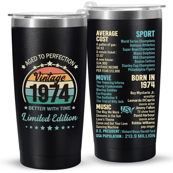 50th Birthday Gifts for Women Men Parents 50 Years Old Gifts- 20 oz Double-sided Vintage 1974 with Time Information Tumbler Cup（black） Turning 50- TB004