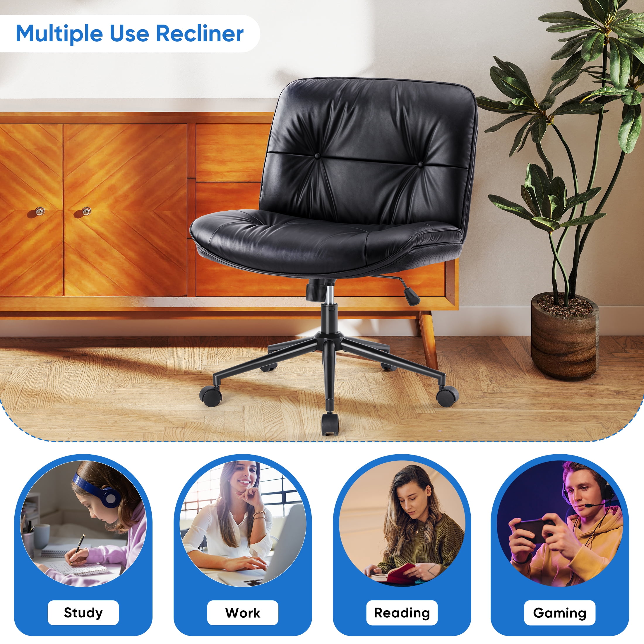 EDX Armless Office Chair with Wheels, Leather Upholstered Wide Seat Home Office Chair, 130° Rocking Mid Back Computer Chair, Perfect for Office, Bedroom, and Makeup, Black
