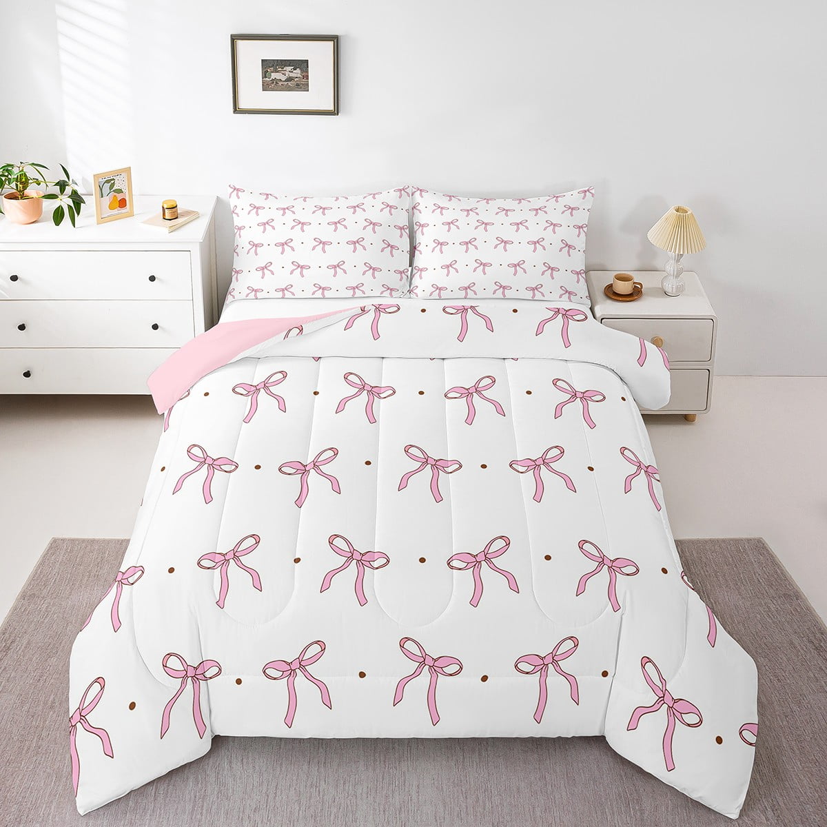 Erosebridal Pink Bowknot Comforter Set Twin Bow Tie Bedding Cute Dots Print Bedding Comforter Sets Aesthetic Coquette Bedroom Decor Princess Style Duvet Insert