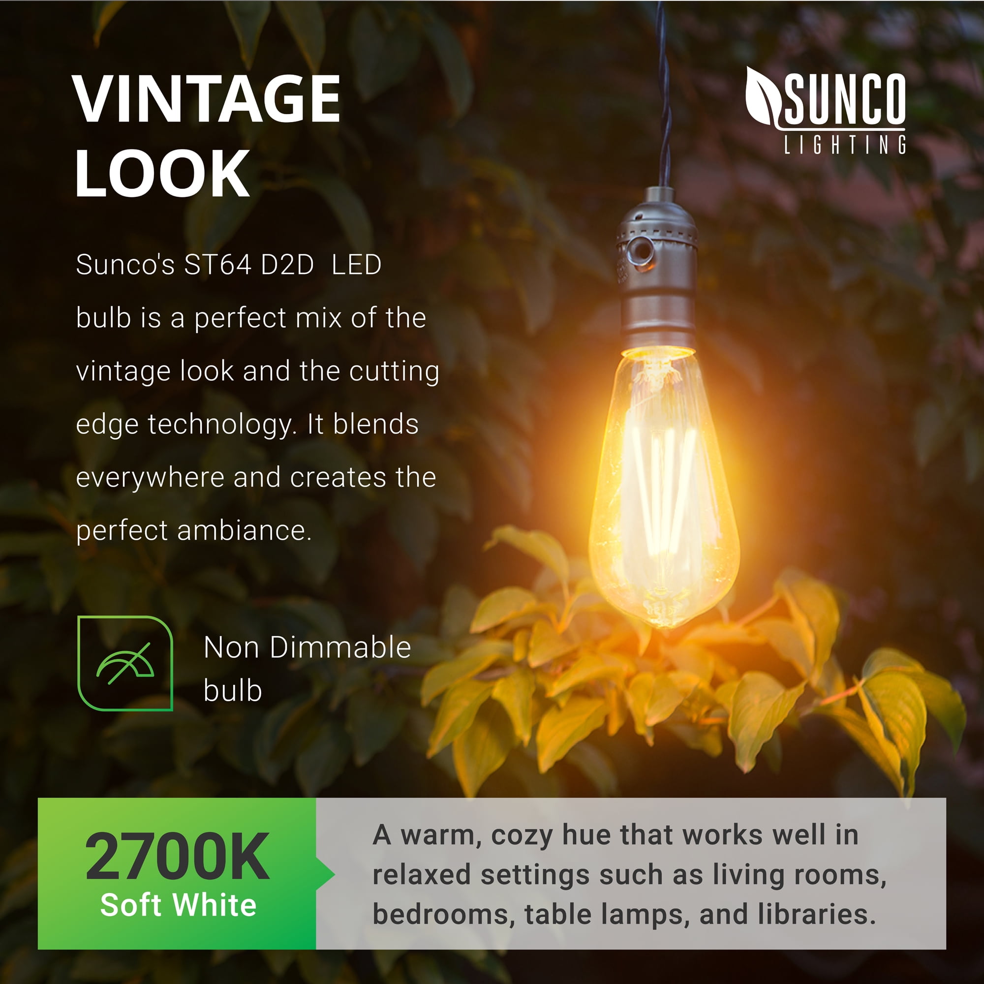 Sunco Lighting 4 Pack ST64 LED Bulb, Dusk-to-Dawn, 7W=60W, 2700K Soft White, Vintage Edison Filament Bulb, 800 LM, E26 base, Outdoor Decorative String Light - UL, Energy Star