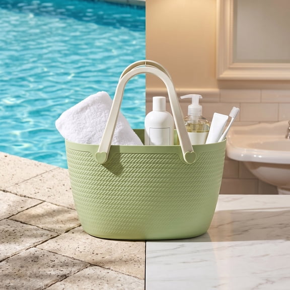 Homellea Green Imitation Rattan Woven Basket, 13.78 Inch Plastic Handheld Storage Basket with Handles for Kitchen Pantry Bathroom Shelf Picnic Market and Grocery Carry, Pantry Storage