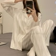 thumbnail image 3 of HYwys Silk Long Sleeved Pajamas Set for Women Ladies Spring Autumn Vertical Stripes Sleeping Pajamas Home Sleepwear Nightwear Clothes, 3 of 6