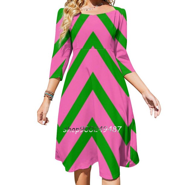 Vestido de verano elegante con cuello cuadrado y estampado de halter para mujer, color verde y rosa, en zigzag, rosa y verde