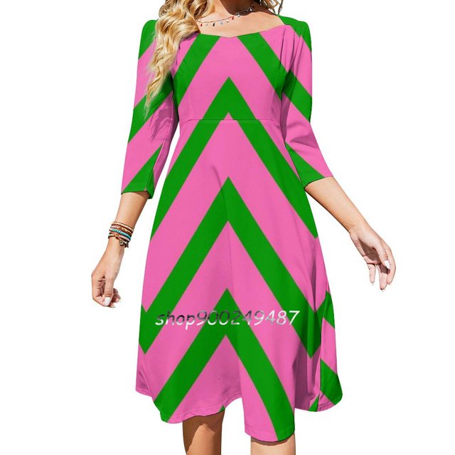 Vestido de verano elegante con cuello cuadrado y estampado de halter para mujer, color verde y rosa, en zigzag, rosa y verde