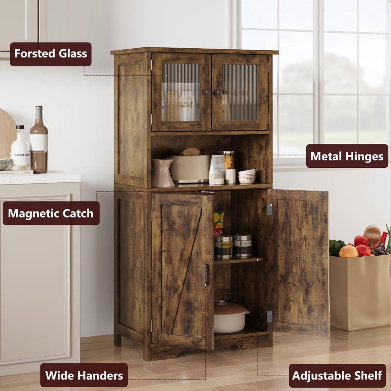 TROPOW Kitchen Pantry Cabinet, 50.4" Freestanding Storage Cabinet with Glass Doors and Adjustable Shelves, Wooden Cupboard, Large Floor Linen Cabinet for Bathroom, Living Room