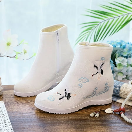 

Woman Casual Shoes Vintage Canvas Lady Embroidered Zipper Shoes Chinese Style Wedge Platform Shoes Hanfu Ancient Boots Women (Single 1806-05 white 7.5(CN40))