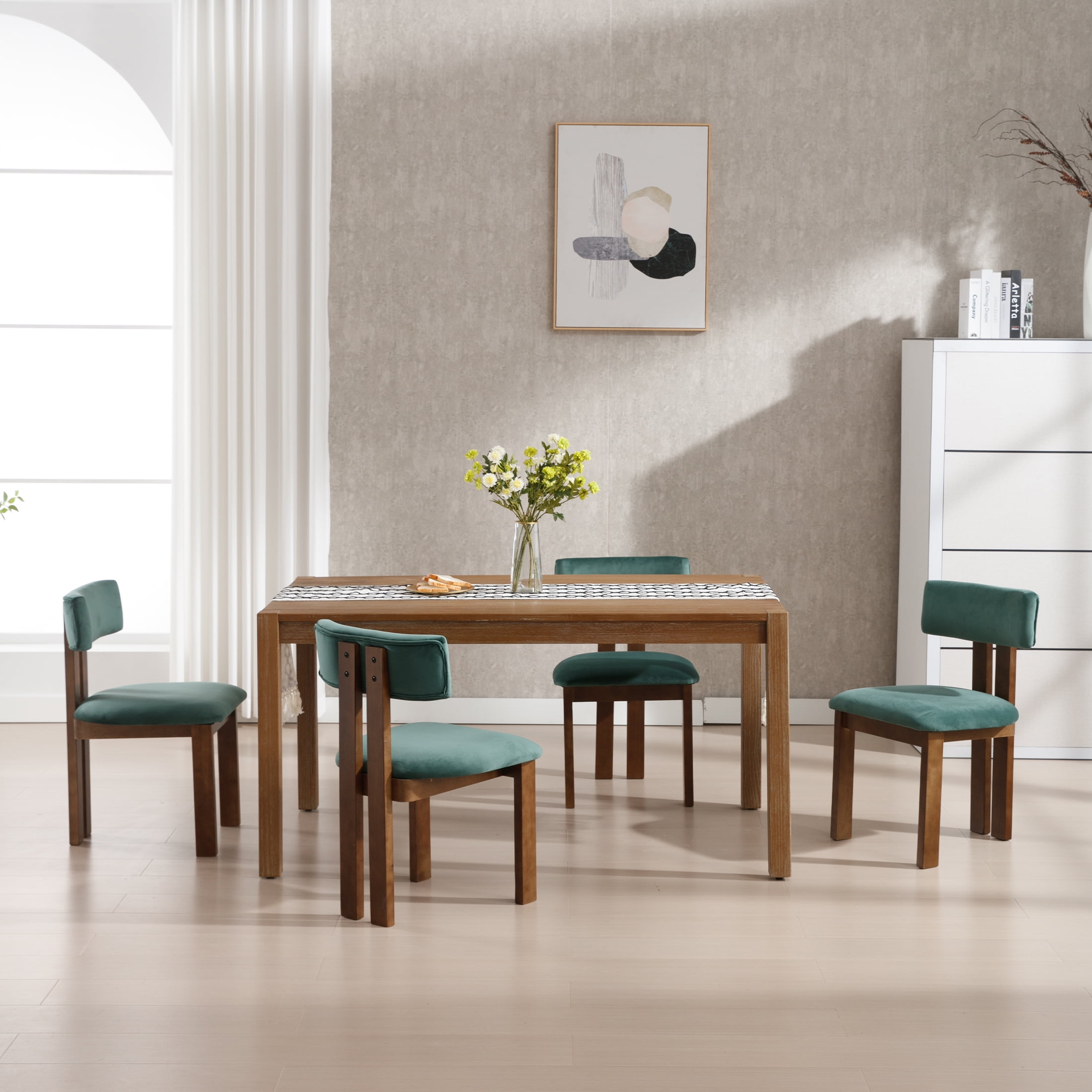 Guyou Wooden Dining Chairs Set of 2, Mid Century Modern Velvet Upholstered Dining Side Chairs, Farmhouse Kitchen Chairs with Curved Back for Kitchen Dining Room Living Room, Green
