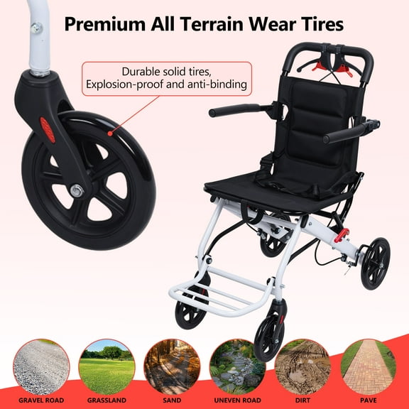 Yifeus Large Portable Aluminum Transport Wheelchair | Handbrake & 12" Rear Wheels | Lightweight Folding Travel Chair for Adults & Kids | Black (Seat Width: 18")