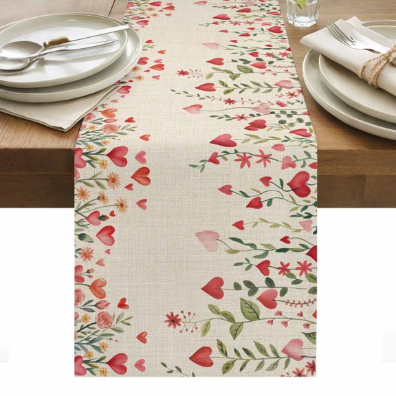 Valentine's Day Table Runner - 70 Inch Long, Kitchen Dining Table Runner Dresser Scarves, Watercolor Love Flowers Leaves Plants Beige Farmhouse Decor for Coffee Tables Wedding Party Banquet