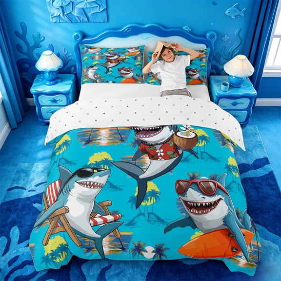 jejeloiu Summer Party Shark Bedding,Beach Chair Coconut Print Duvet Cover Full For Boys,Bright Blue,Reversible,3-Piece,1 Duvet Cover and 2 Pillowcases