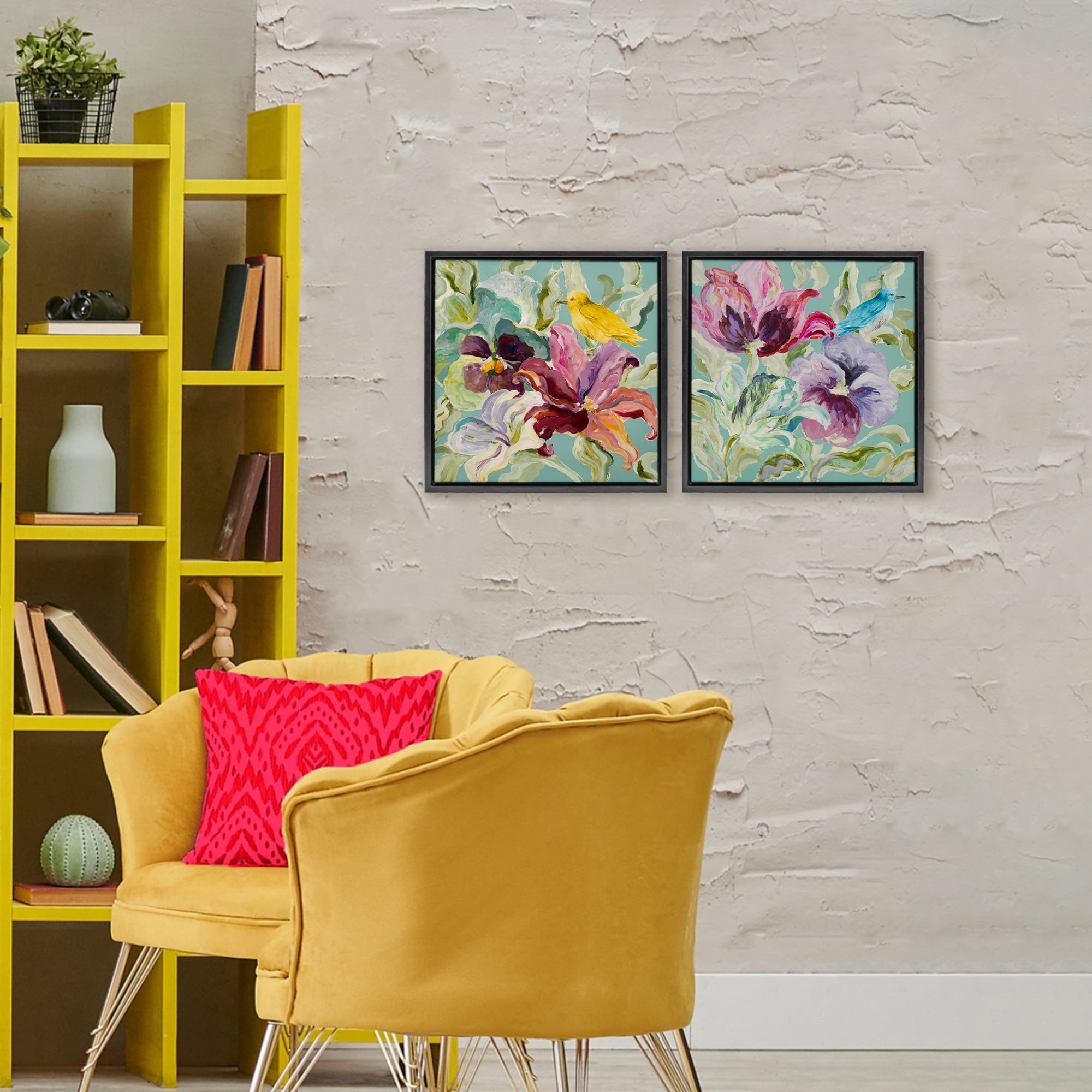 Stupell Industries Lyrical Garden Canaries 2 Piece Black Framed Floater Canvas Set, design by Lanie Loreth