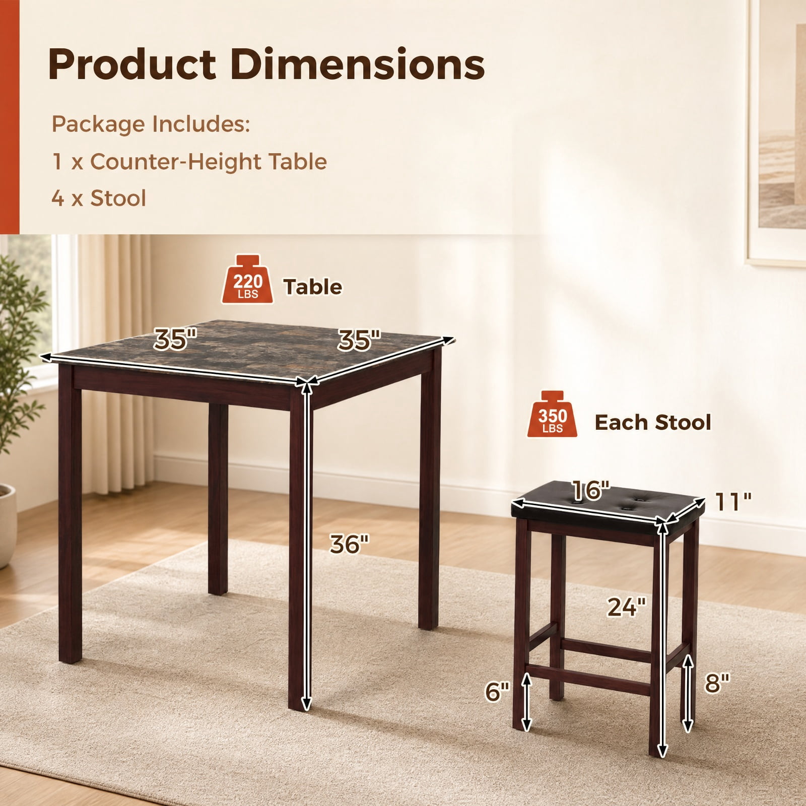 Furnibear 5 Piece Counter Height Bar Table Set with Dining Table and 4 Bar Stools with Rubber Wood Legs for Kitchen Breakfast Nook Seating, Brown