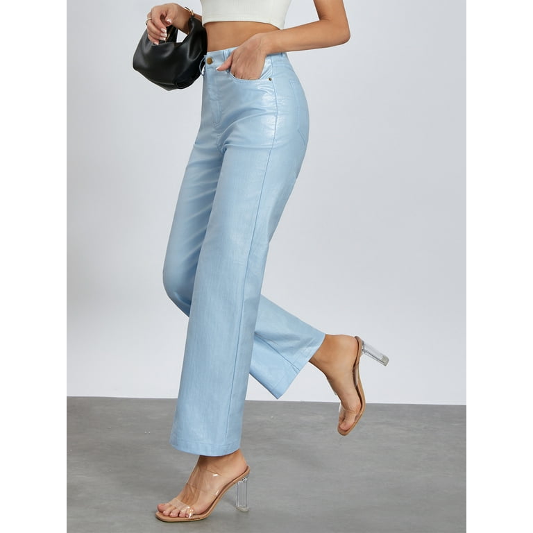TFFR Women Metallic Shiny Jeans Solid Color High Waist Straight Leg Denim  Pants Disco Trousers