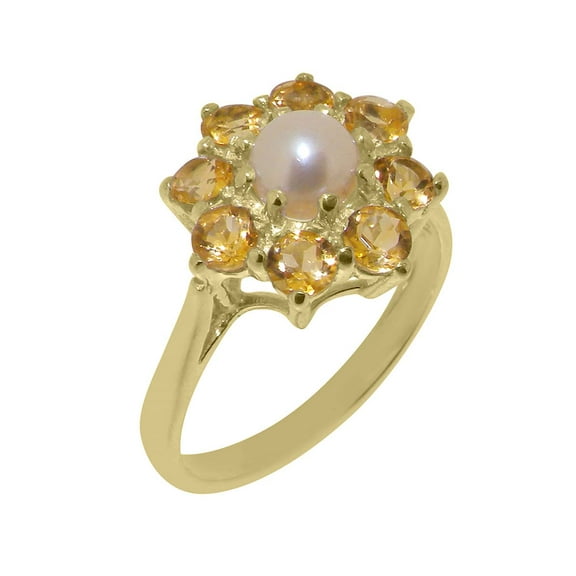 LBG British Made 10k Yellow Gold Cultured Pearl & Citrine Womens Statement Ring - 33 size options - Size 10