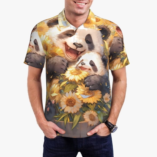 Balery Cute Panda Sunflower Camisa Polo de Hombre con Estampado, de Manga Corta y Tejido Medio, Camisa Tipo Golf Polo-X-Large