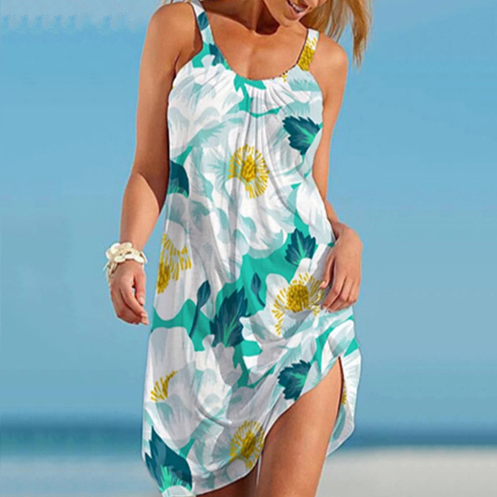 Summer Dresses for Women Miuye Women Plus Size Bohemian O-Neck Floral Print Vintage Sleeveless Long Maxi Dress