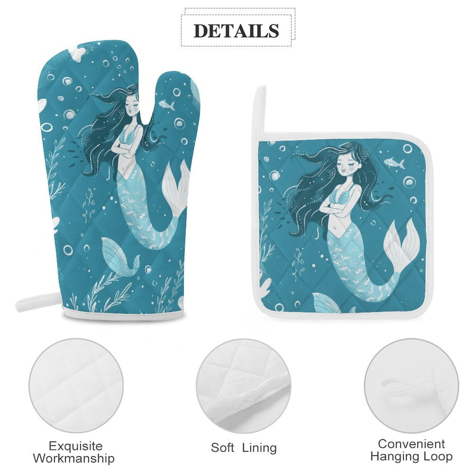 Ocean Cute Mermaid Heat Resistant Microwave Oven Gloves Set for BBQ Baking Grilling,Baking Gifts Cooks for Women,Housewarming Gifts for New Home