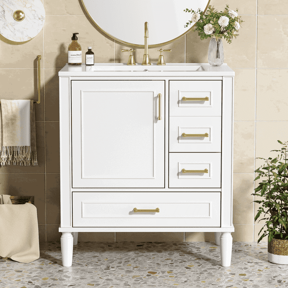 Kadyn Modern Bathroom Vanity,Bathroom Cabinet,30" Bathroom Vanity with Ceramic Sink, Soft-Close Door and 3 Drawers, White