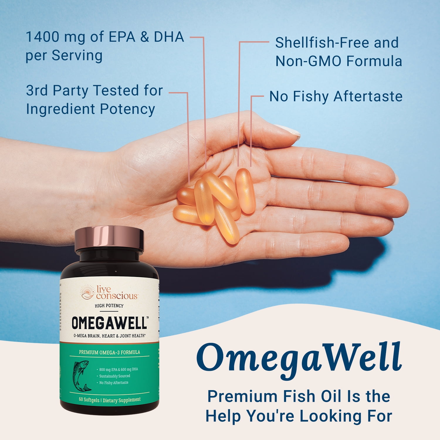 Live Conscious OmegaWell Fish Oil, Heart & Brain Health Support, 60 Softgels