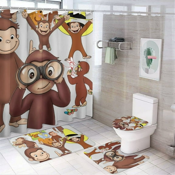 Curious George 4 Pcs Shower Curtain Set with Non-Slip Rug, Toilet Lid Cover and Bath Mat, Colorful Waterproof Shower Curtain with 12 Hooks, Bathroom Decor Accessories 72" x 72"