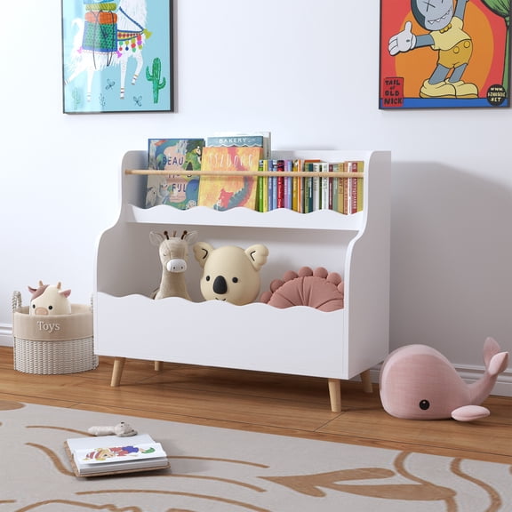 Kids Bookshelf with Wavy Edges, Children Book Organizer and Toy Storage Cabinet, White MDF Bookcase for Bedroom Playroom, 32.68L x 13.39W x 29.53H