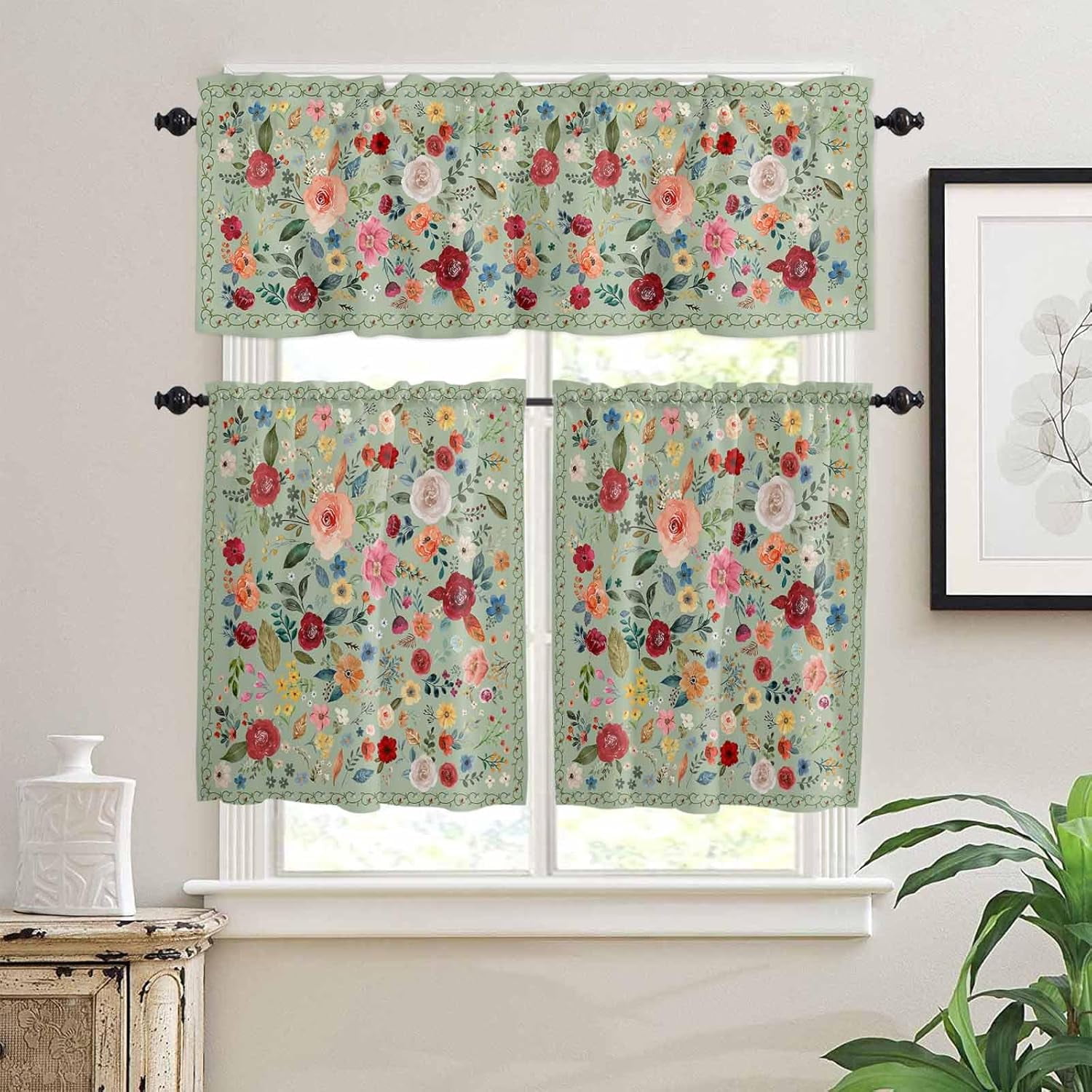 Flowers Sage Green Kitchen Curtains and Valances Set, Rod Pocket Curtains Tier Farmhouse Window Curtains 24 Inch Length, Botanical Colorful Floral Leaves 3 Piece Kitchen Curtains Set