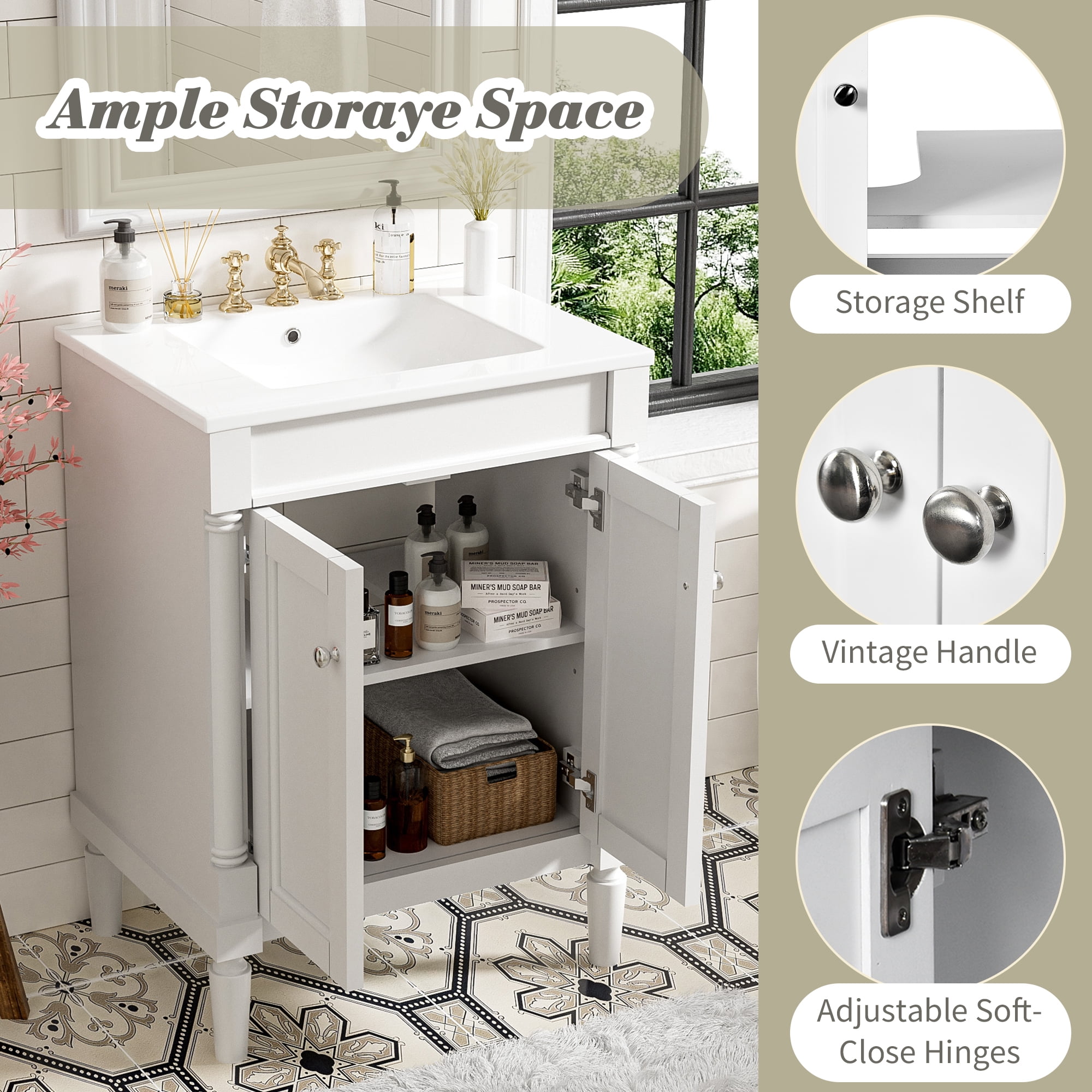 Euroco Modern Bathroom Vanity with Hole Basin, Dual Storage Shelves, and Enclosed Cabinet Design