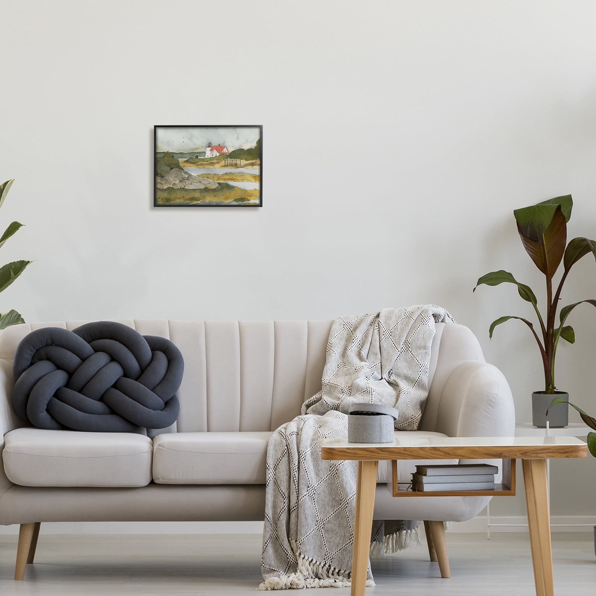 Stupell Industries Lighthouse Beacon Coastal Shore Landscape Painting Gray Framed Art Print Wall Art