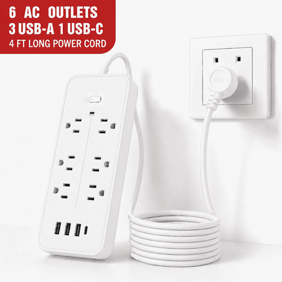 Icreopro Power Strip Surge Protector with 6 AC Outlets, 3 USB Ports & 1 USB-C, 4FT Extension Cord,White