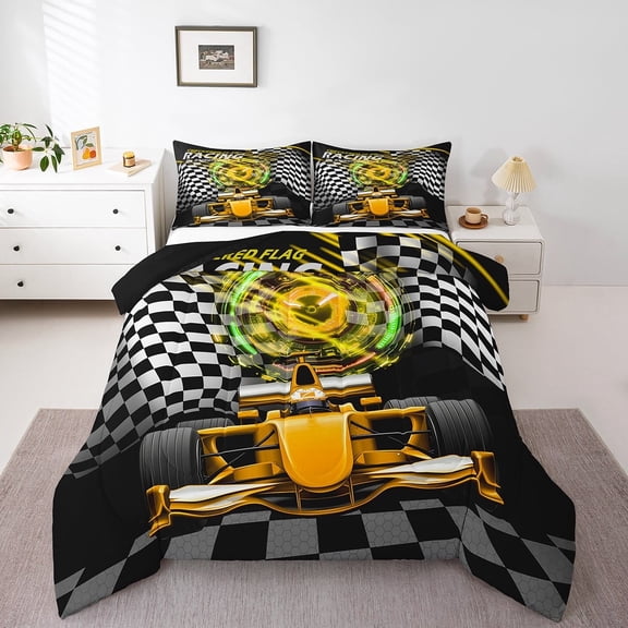 Erosebridal Sport Car Bedding Twin Comforter Set,Buffalo Plaid Down Comforter,Extreme Sport Bedding Sets Twin with Comforter,Microfiber Car Room Decorative,Reversible,3pcs