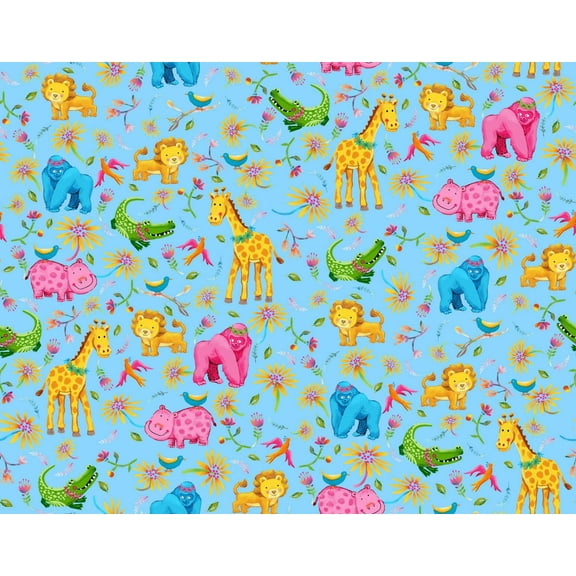Fun Flannel- Jungle Animals Aqua Fabric