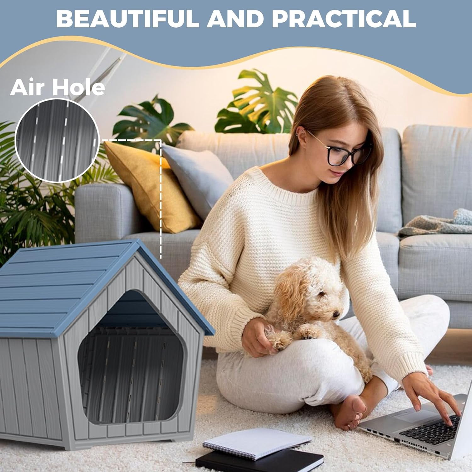 OFFIGAM Waterproof Resin Cat House Blue Indoor Outdoor Easy Clean Modern Design 23.43x22.64x22.8in