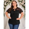 thumbnail image 3 of LapaPlus Women's Plus Size Summer Tops - Short Sleeve Lace Splicing Blouse with Bandage & Hollow Design, Round Neck Elegant Cocktail Party T-Shirt, 3 of 10