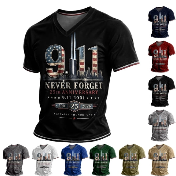 9/11 25th Anniversary Shirt Never Forget 911 Shirts for Men Memorial Anniversary Patriotic Tops Black XL