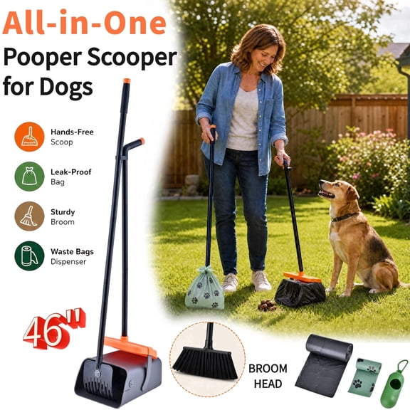 Glee Max Dog Pooper Scooper with Swivel Bin&46" Long Adjustable Handle Rake Scoop, Dogs of All Sizes, Black and Orange, Made from Metal and Plastic