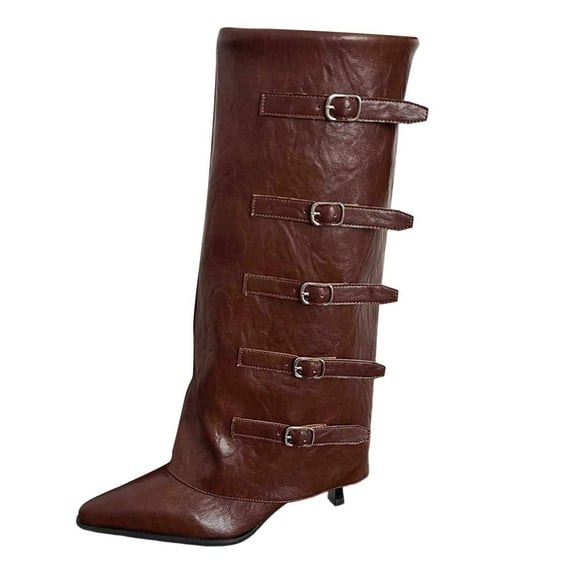 Aihuaihua Fold Over Boots for Women Pointy Pull-on Wedge Heel Knee Shark Boot With Side Zipper Padlock Design