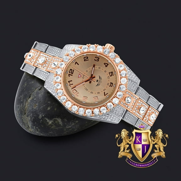 Solitaire 2 Tone Rose Gold Finish Simulated Diamond Water Resistance Steel Back Metal Band Watch 40mm